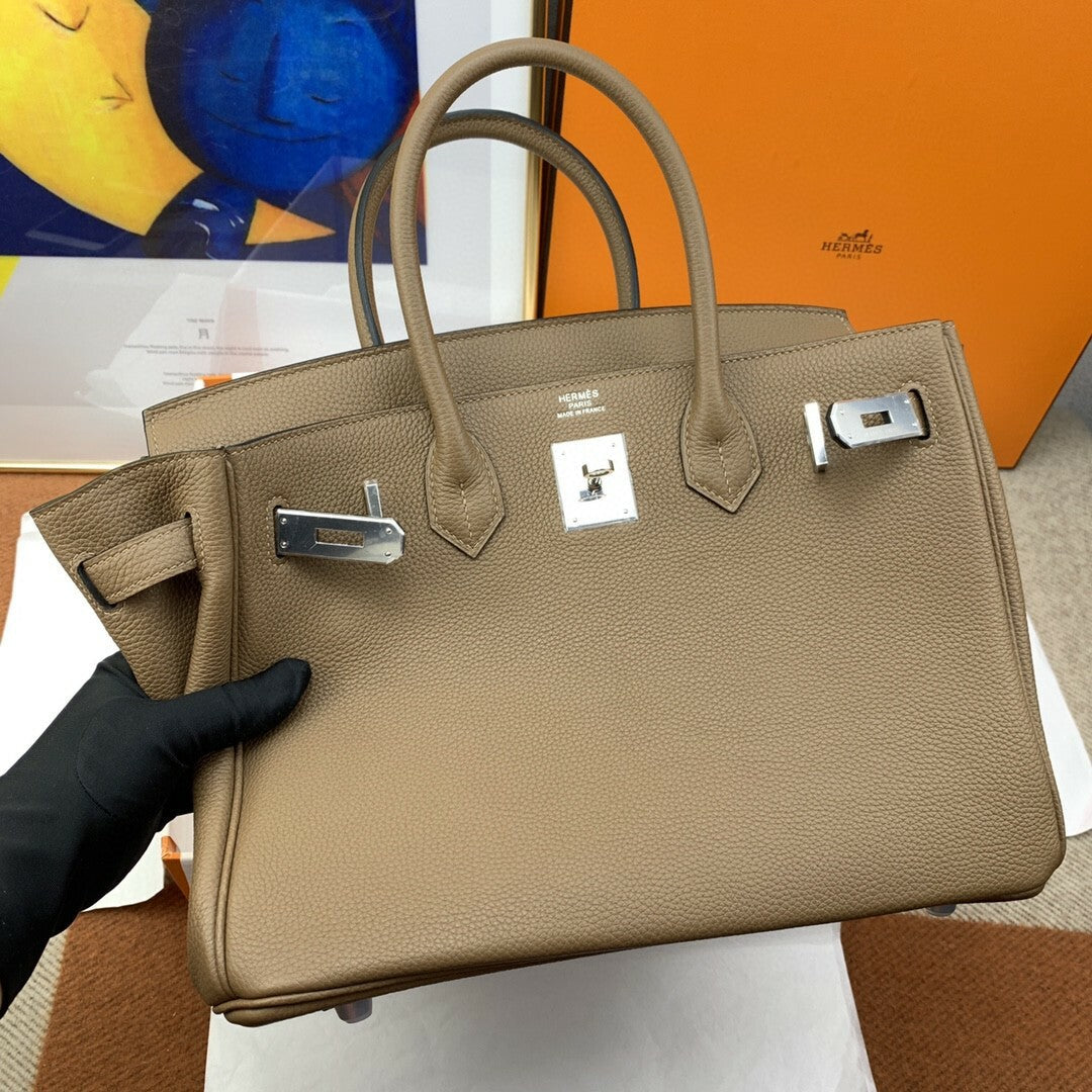 Hermes Birkin 30 Togo Etoupe Bag Silver Hardware Handbags (11.8in30cm) - Grey