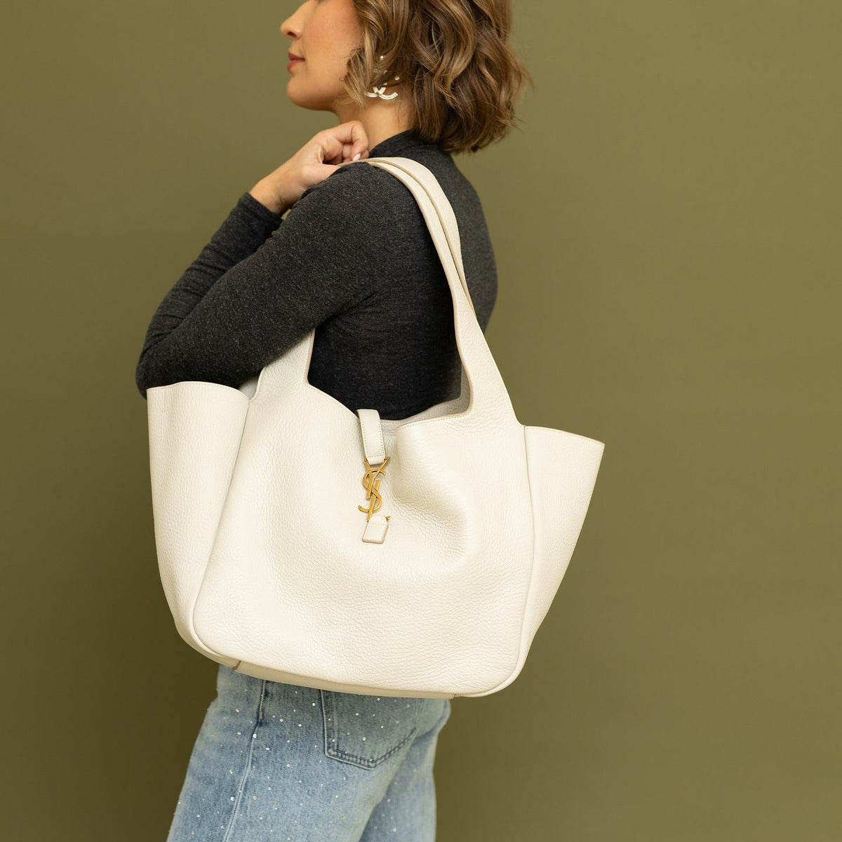 Saint Laurent Le 5 À 7 Bea Textured-Leather Tote - White
