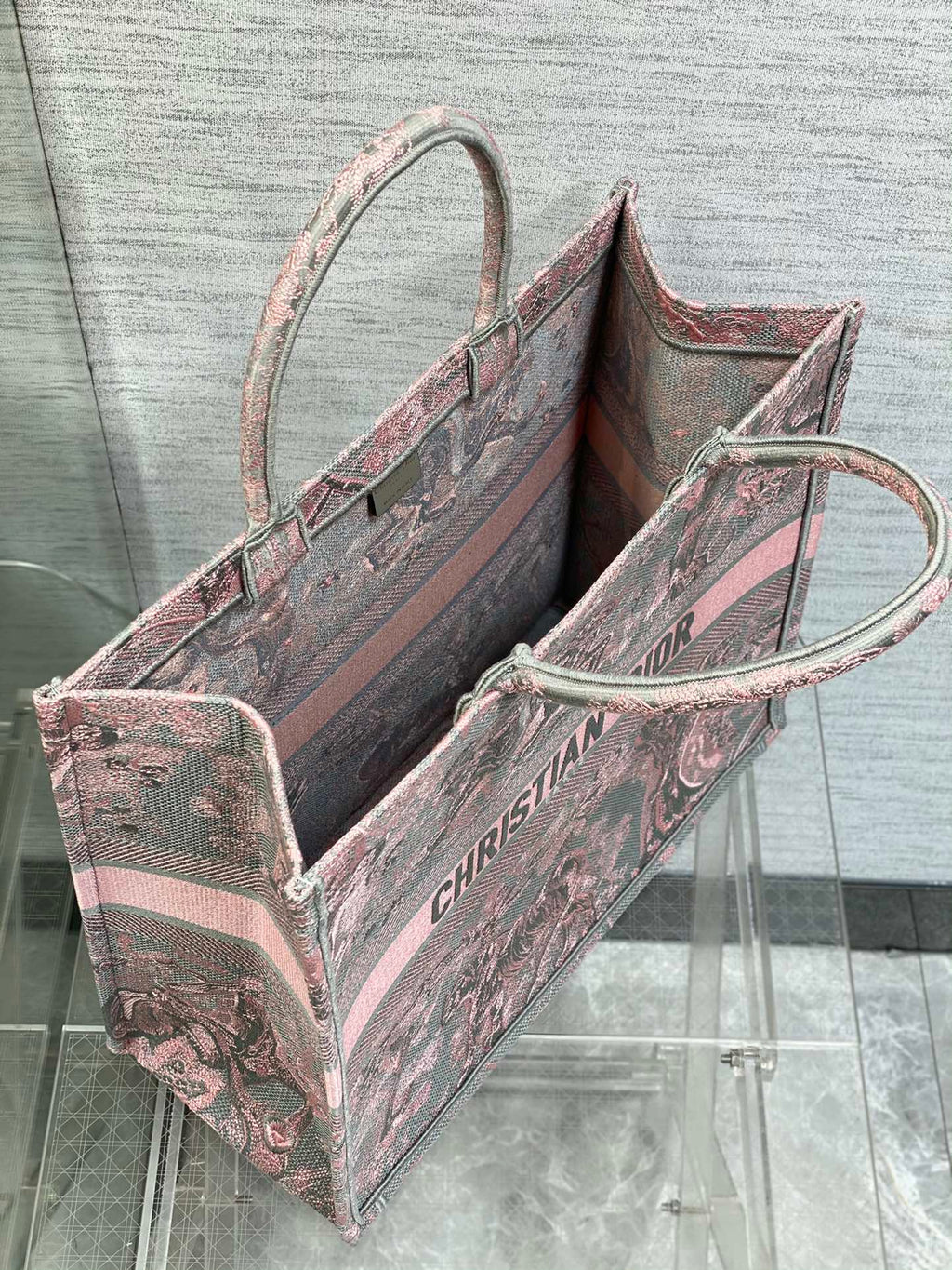 Dior Book Tote Large Gray and Pink Toile De Jouy Reverse Beverly Hills Embroidery