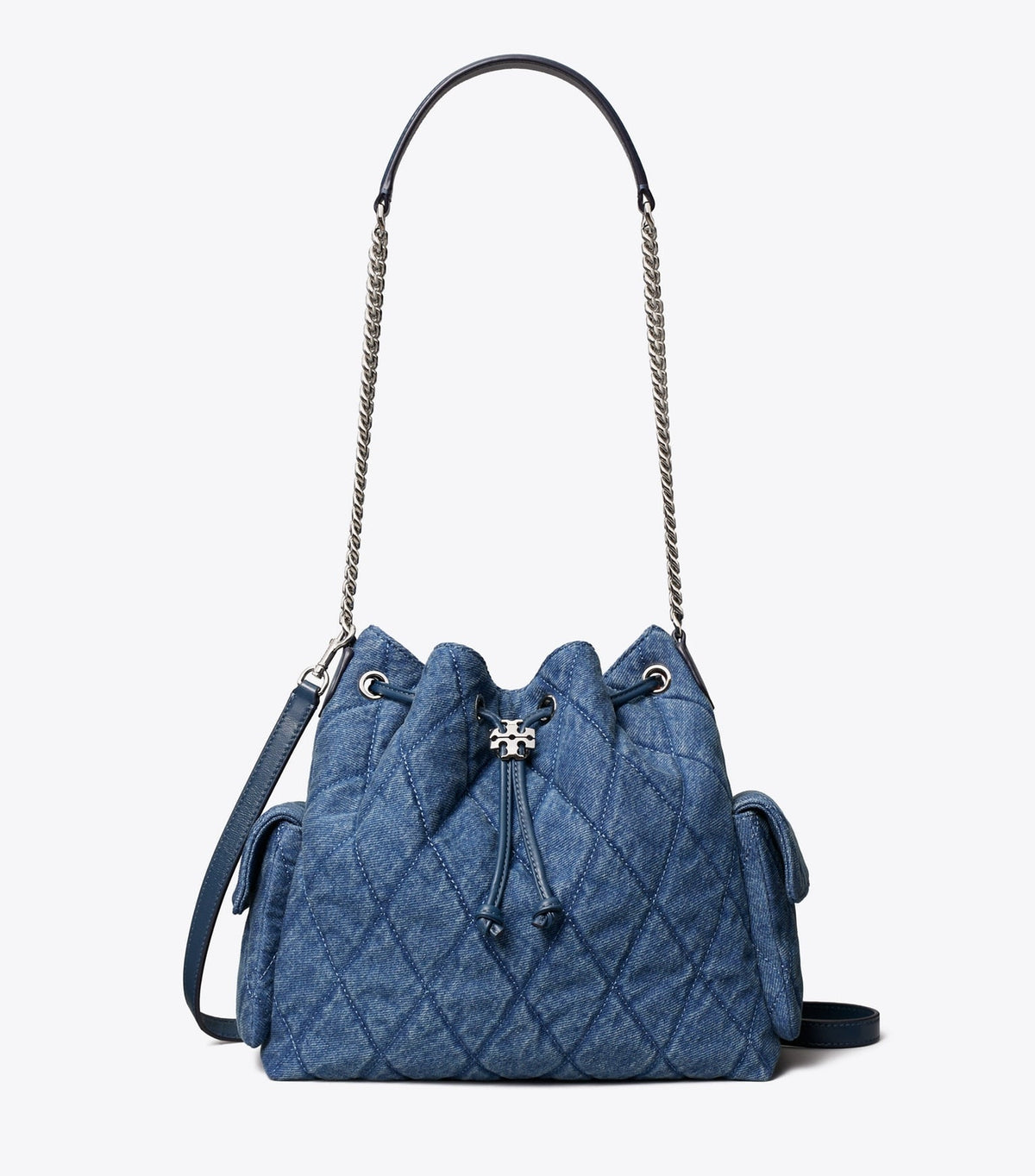 Tory Burch Charlie Quilted Denim Drawstring Shoulder Bag