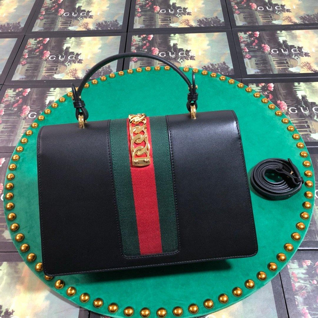 Gucci GG Sylvie Leather Medium Top Handle Bag - Black