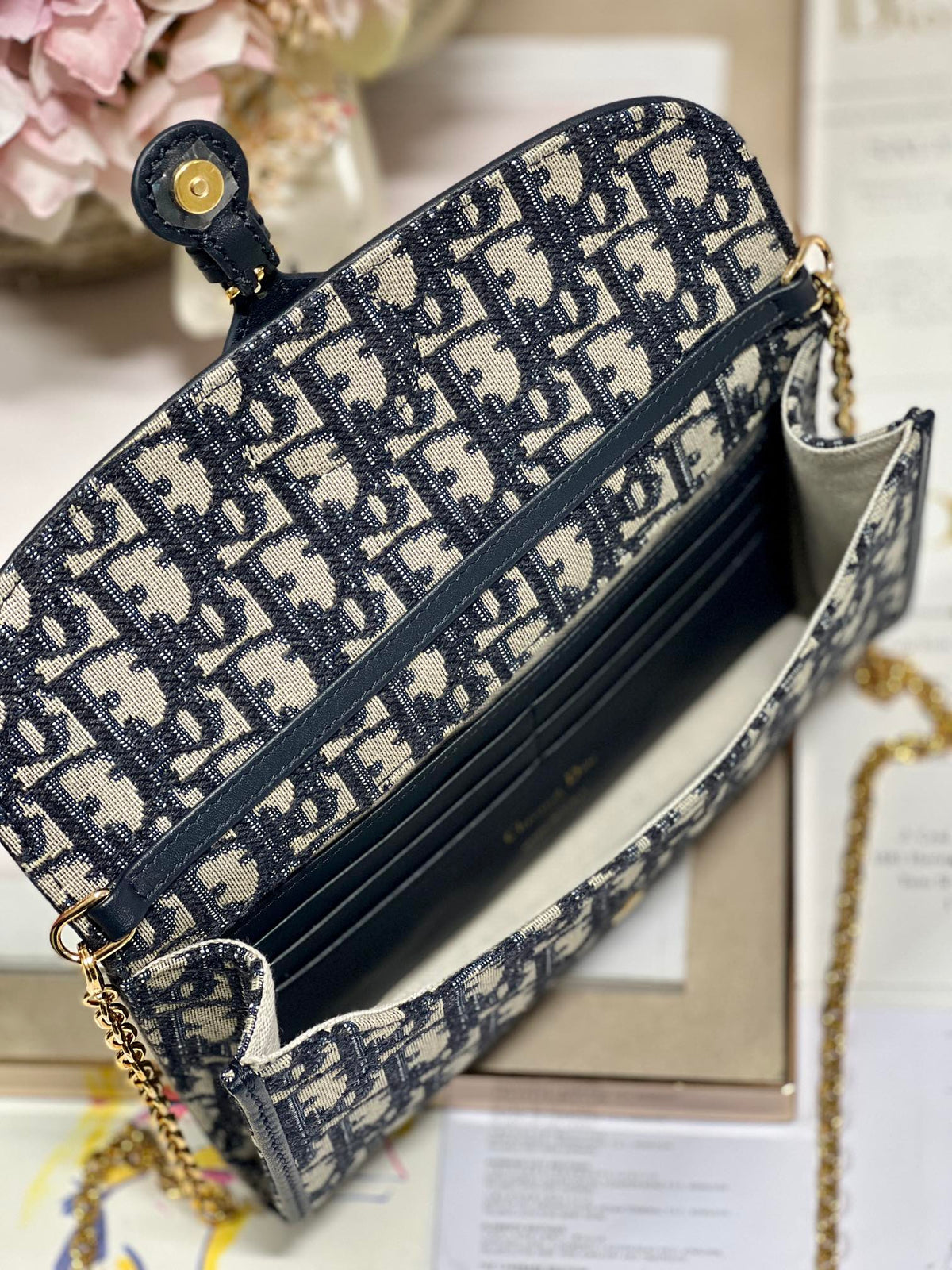 Dior Bobby Wallet On Chain East West Blue Oblique Jacquard