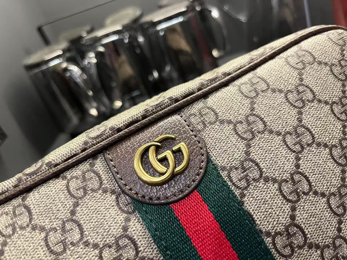 Gucci Ophidia Medium GG Supreme Canvas Shoulder Crossbody Bag with Web Stripe and Leather Trim
