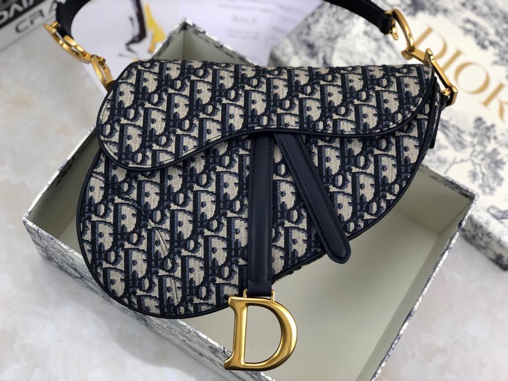 Dior Medium Saddle Bag with Strap Blue Oblique