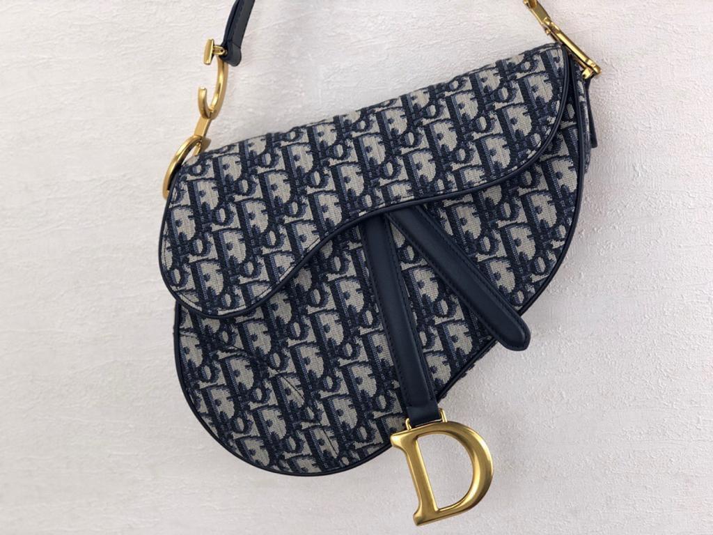 Dior Medium Saddle Bag with Strap Blue Oblique