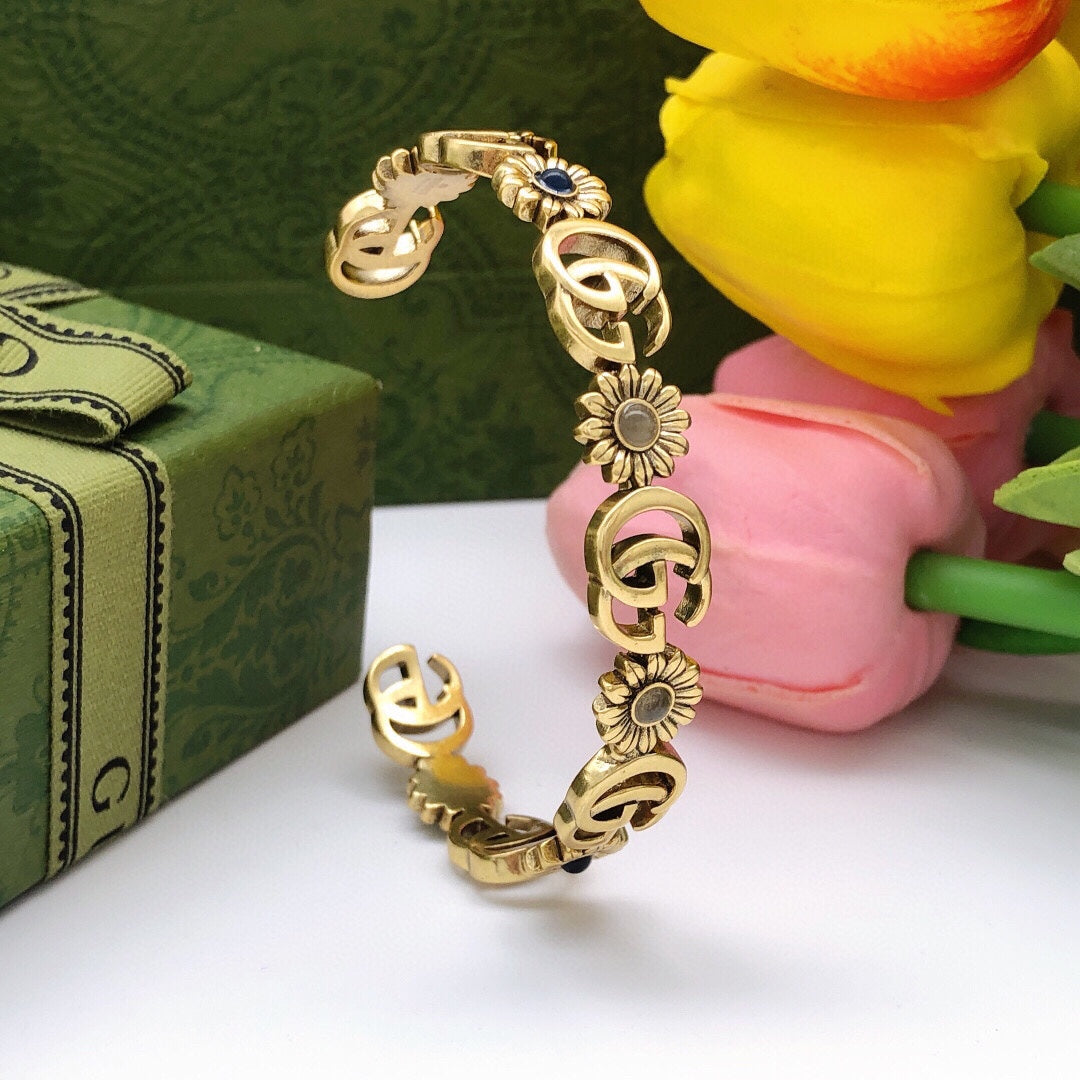 Gucci Double G Flowers Open Cuff Bracelet