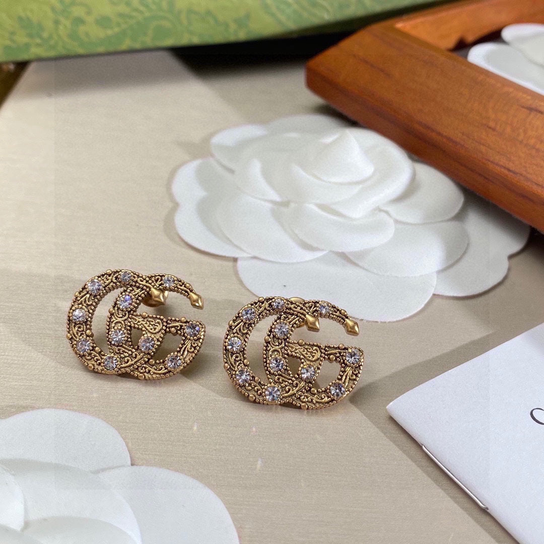 Gucci Double G Crystal Earrings - 18K Yellow Gold
