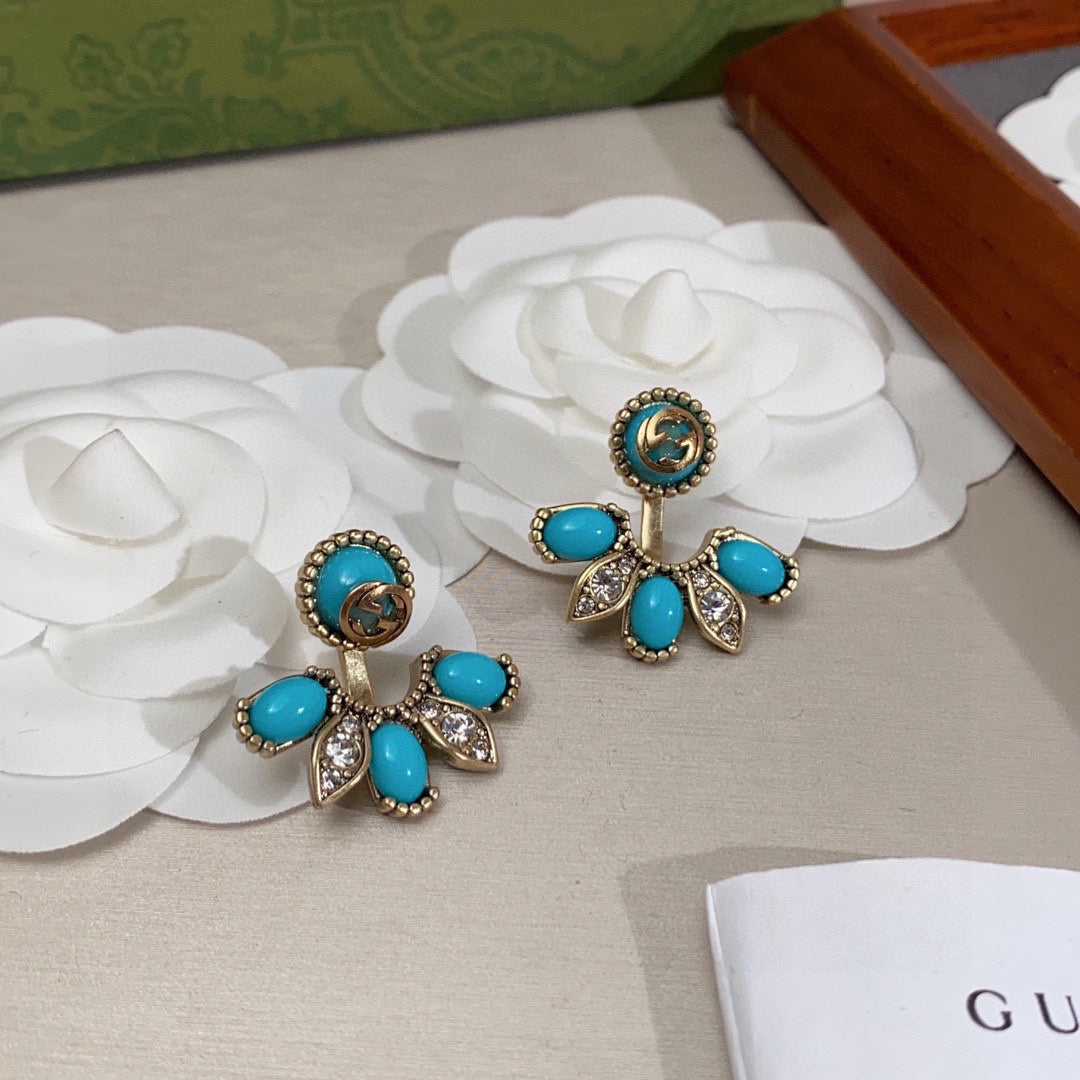 Gucci Double G Blue Flowers Earrings - 3.5 cm Height - 18K Yellow Gold