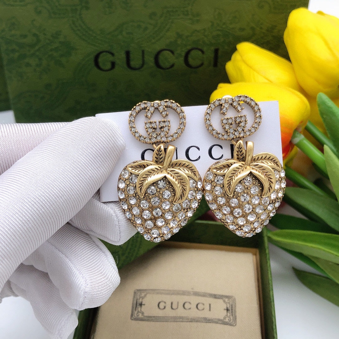Gucci Double G Crystal Strawberry Pendant Earrings - 18K Yellow Gold