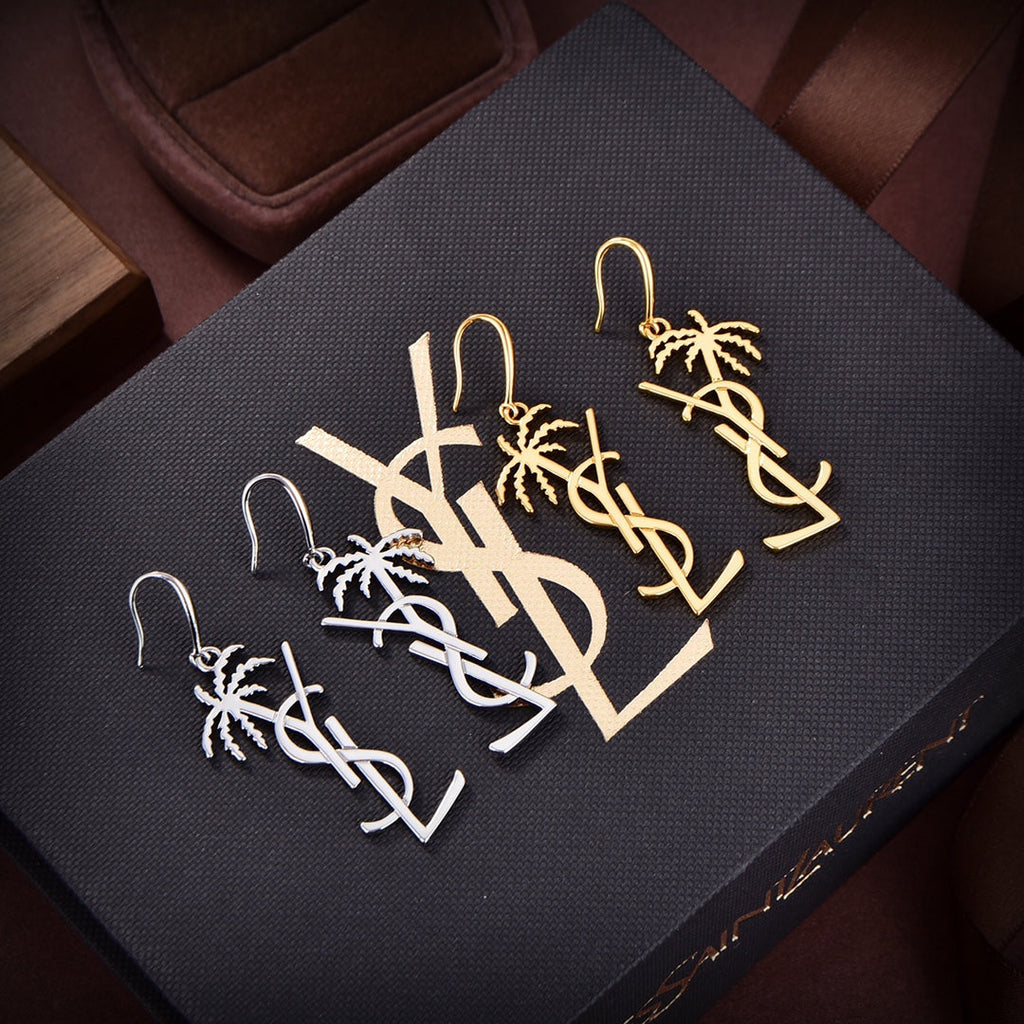 YSL Monogram Palmier Statement Earrings - 18K White Gold