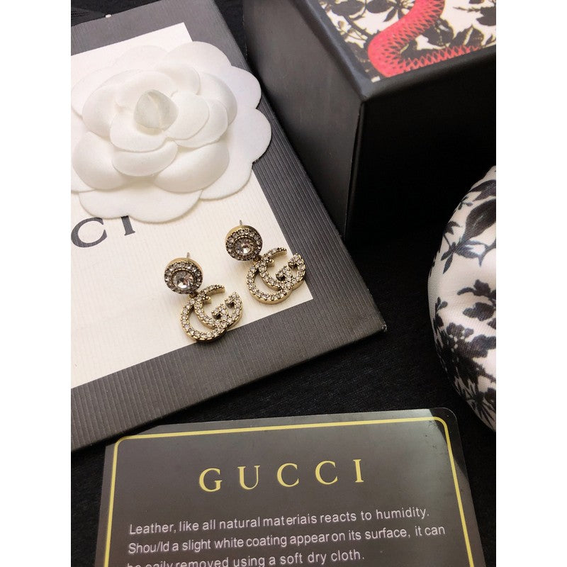 Gucci Double G Crystal Pendant Earrings - 18K Yellow Gold