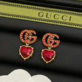Gucci Double G Red Crystal Earrings - 18K Yellow Gold