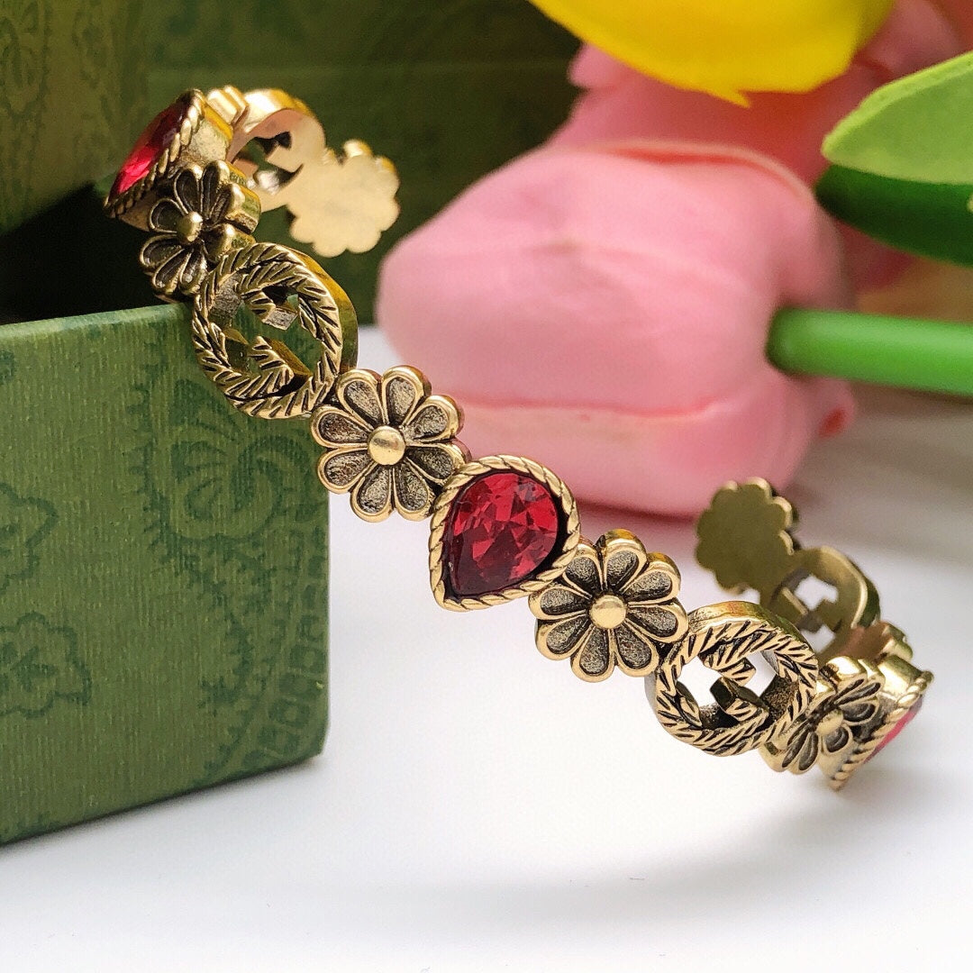 Gucci Double G Flowers Red Crystals Open Cuff Bracelet