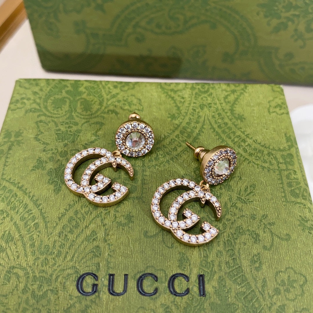 Gucci Double G Crystal Pendant Earrings - 18K White Gold