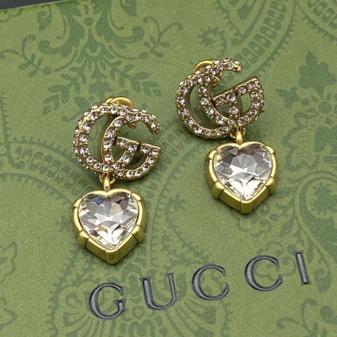 Gucci Double G Crystal Pendant Earrings - 18K Yellow Gold