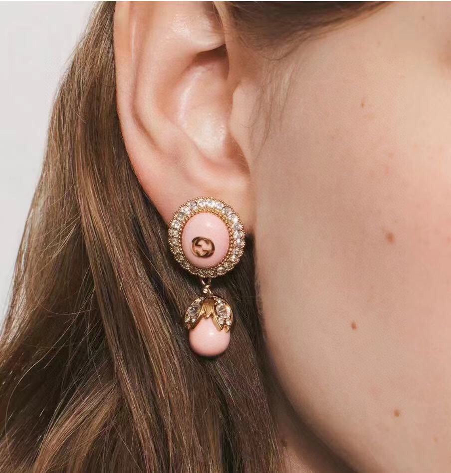 Gucci Double G Pink Pearl Earrings - 18K Yellow Gold