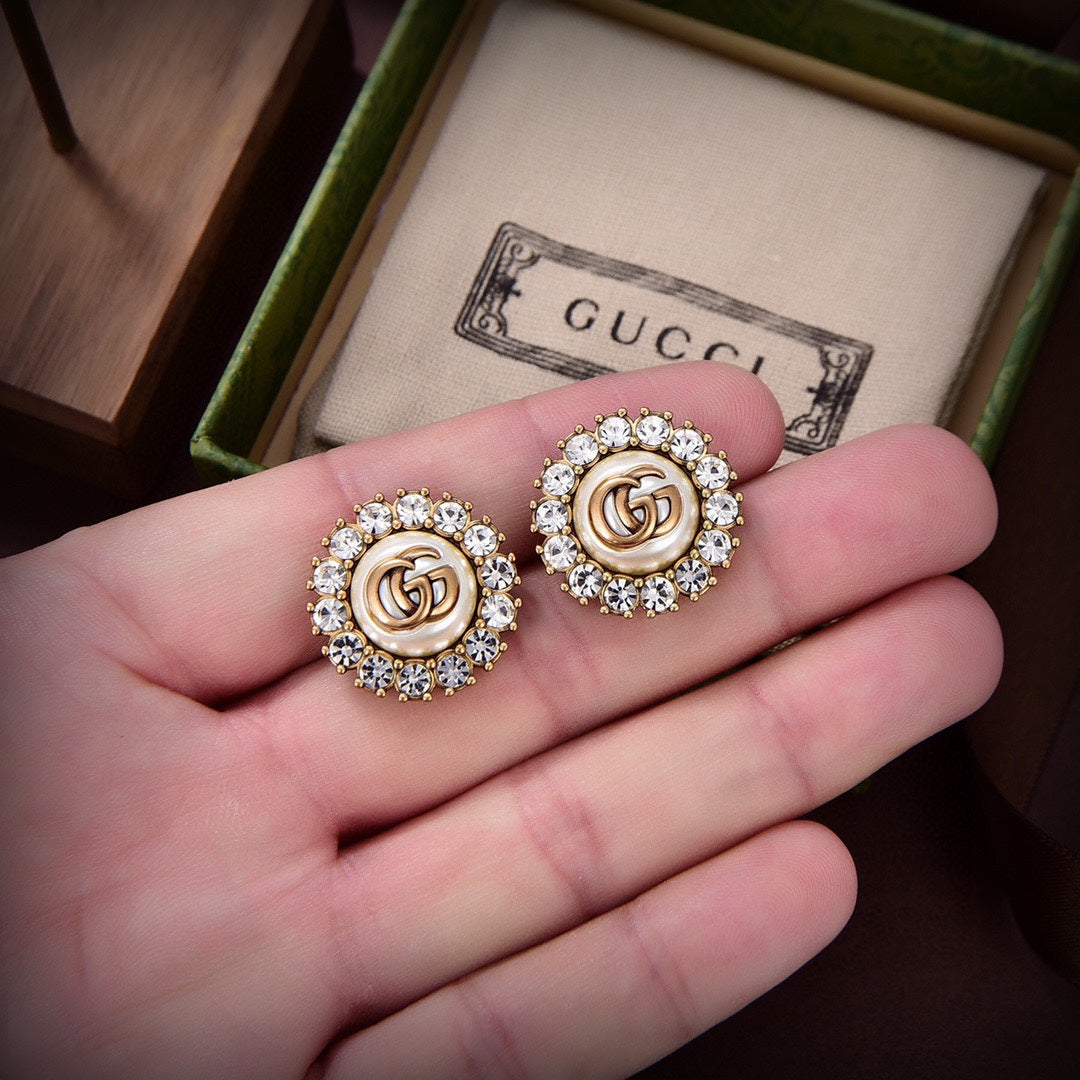 Gucci Double G Flower Crystal Earrings - 18K Yellow Gold