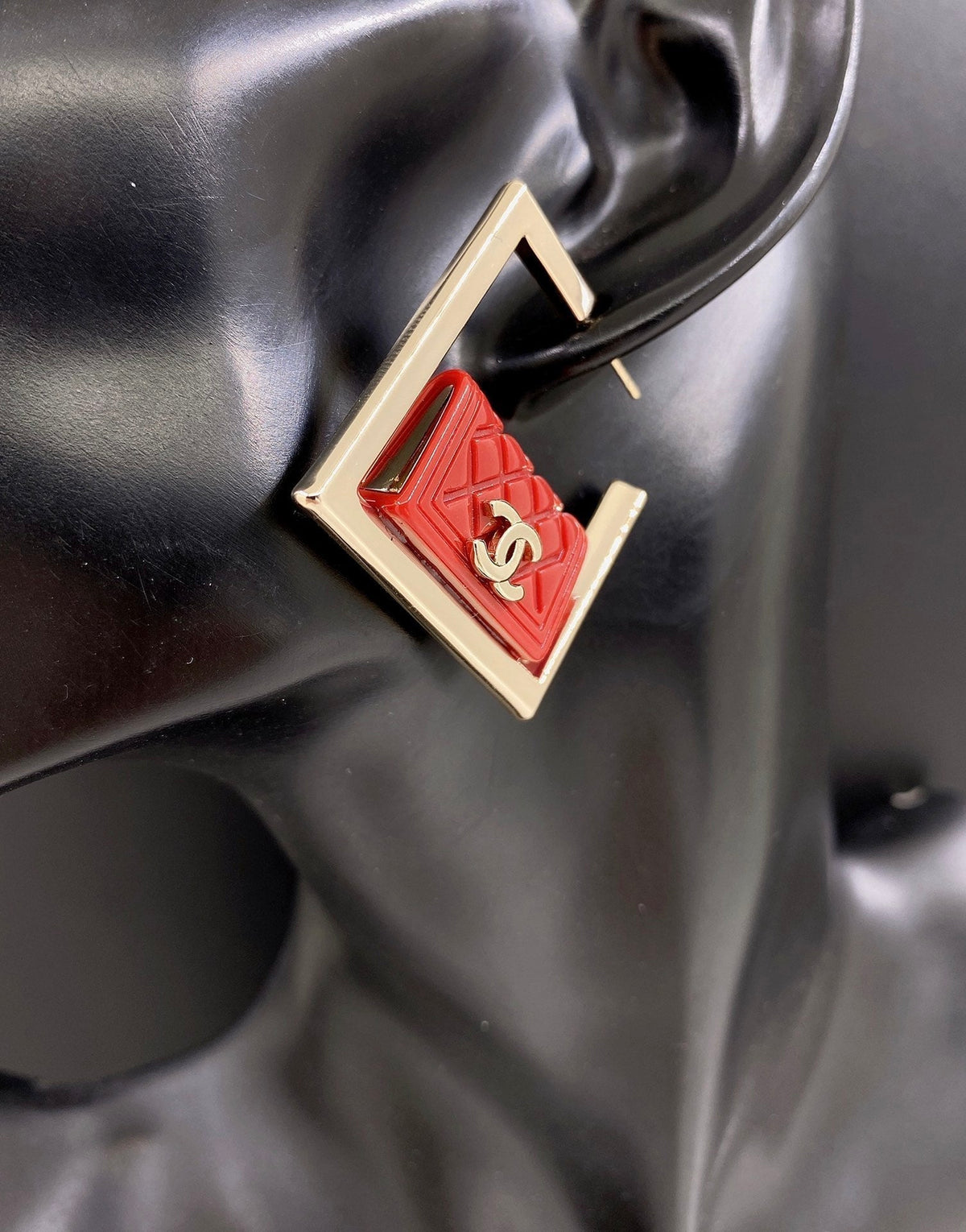 Red Bag Pendant Earrings - 18K Yellow Gold