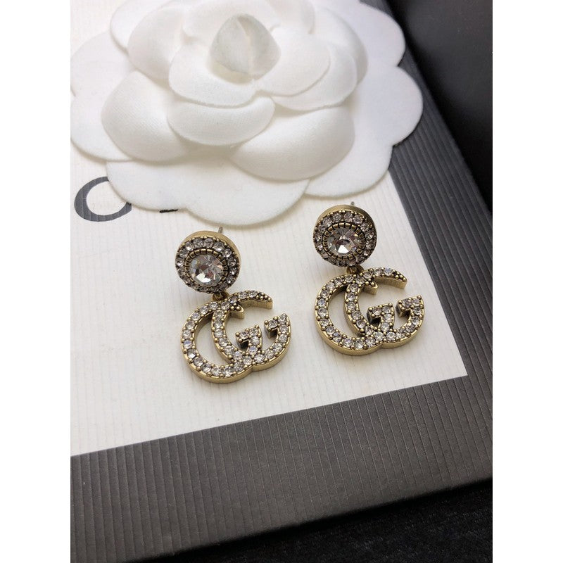 Gucci Double G Crystal Pendant Earrings - 18K Yellow Gold