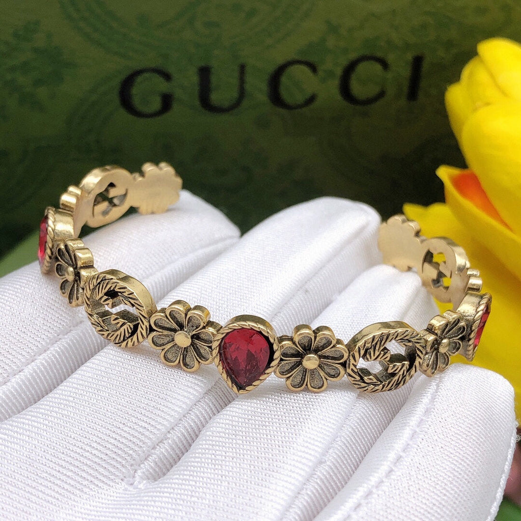 Gucci Double G Flowers Red Crystals Open Cuff Bracelet