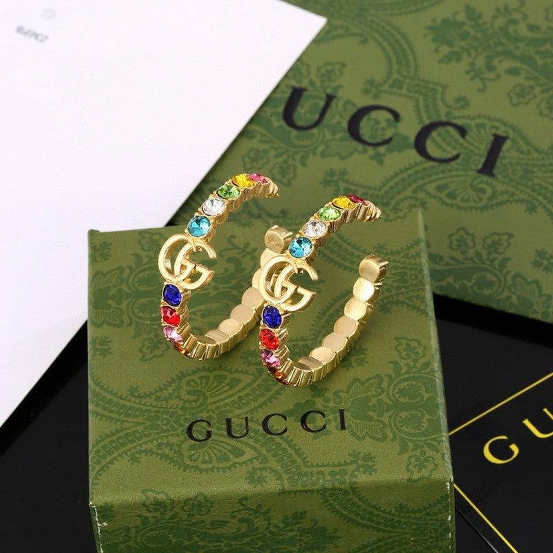 Gucci Double G Color Crystal Earrings - 2 cm Height - 18K Yellow Gold