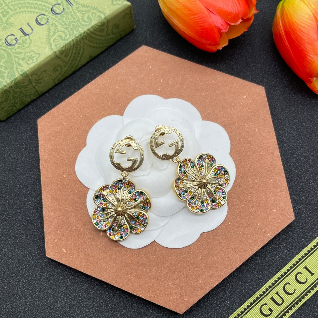 Gucci Double G Color Crystals Flower Earrings - 18K Yellow Gold