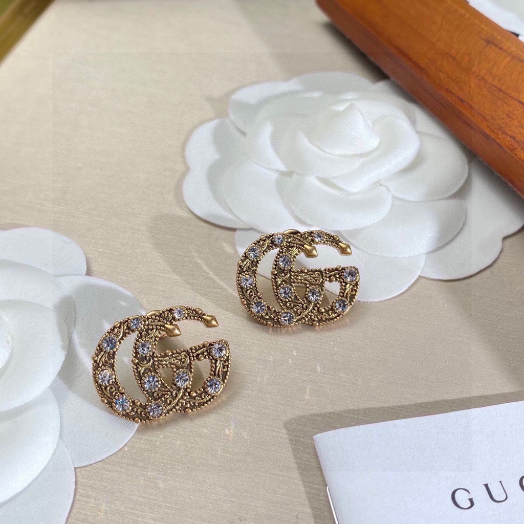 Gucci Double G Crystal Earrings - 18K Yellow Gold
