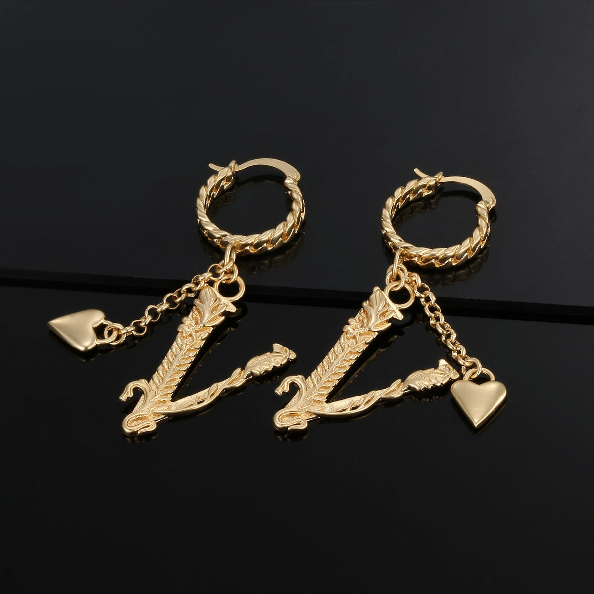 Heart Long Earrings - 18K Yellow Gold