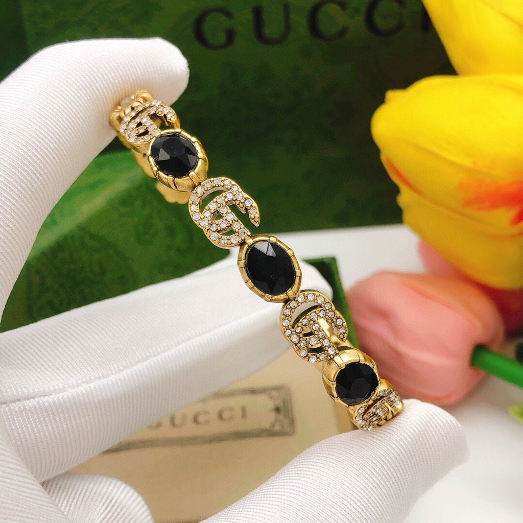 Gucci Double G Flowers Black Crystals Open Cuff Bracelet