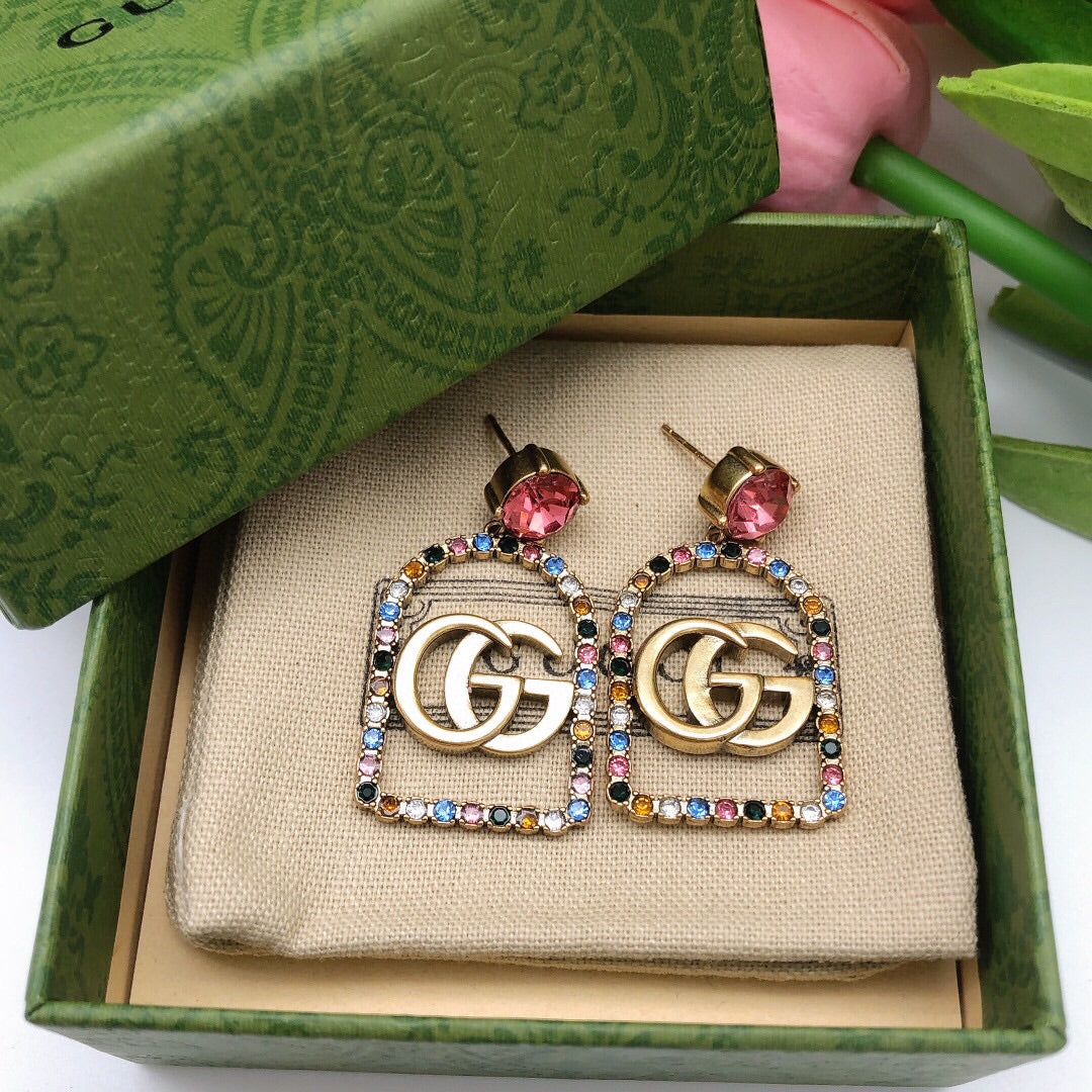 Gucci Double G Color Crystal Earrings - 3.5 cm Height - 18K Yellow Gold