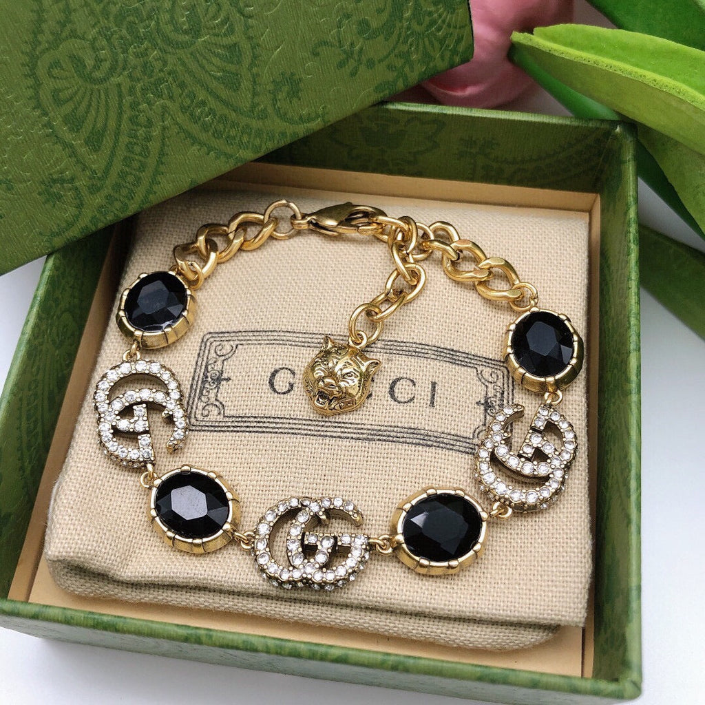 Gucci Double G Black Stones Chain Bracelet