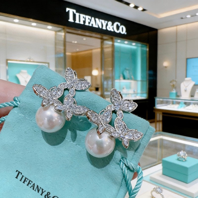 Tiffany Diamond Pearl Earrings - 18K White Gold