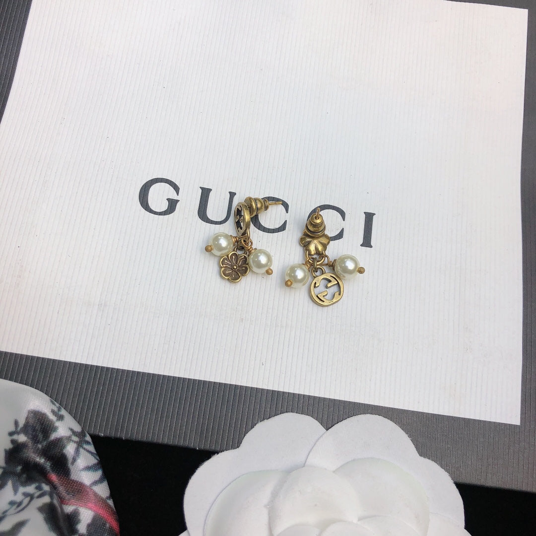 Gucci Double G Flower & Pearl Pendant Earrings - 18K Yellow Gold