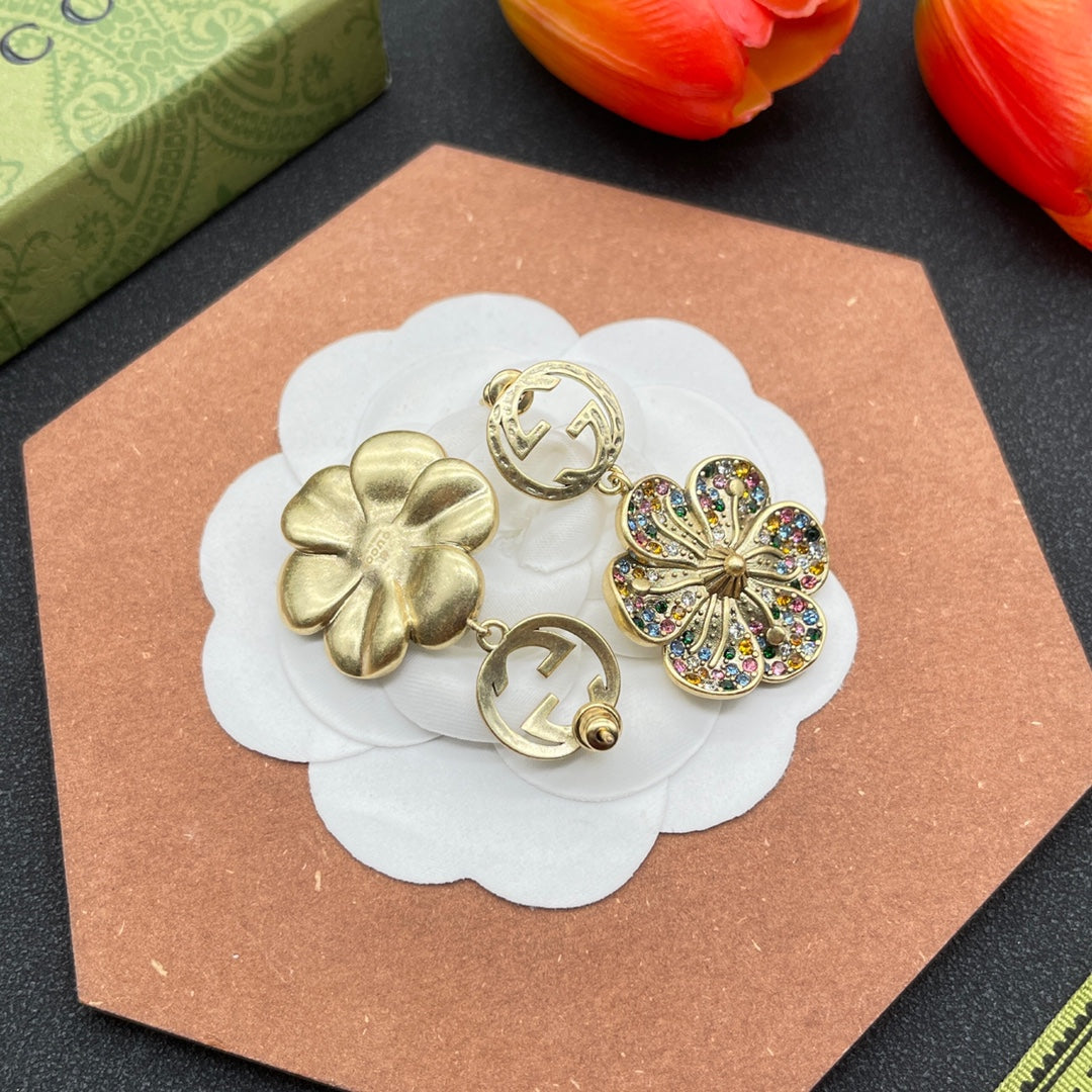 Gucci Double G Color Crystals Flower Earrings - 18K Yellow Gold