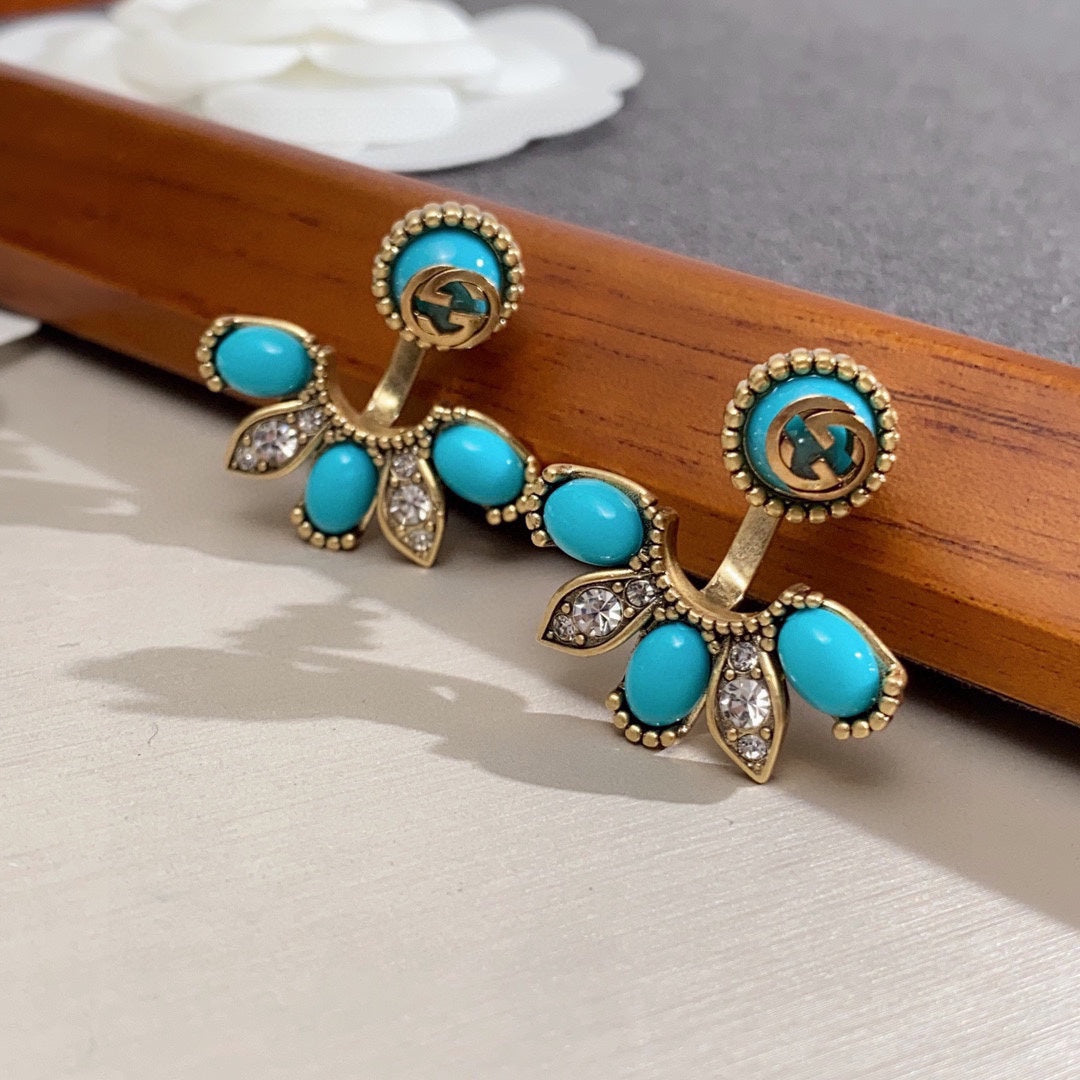 Gucci Double G Blue Flowers Earrings - 3.5 cm Height - 18K Yellow Gold