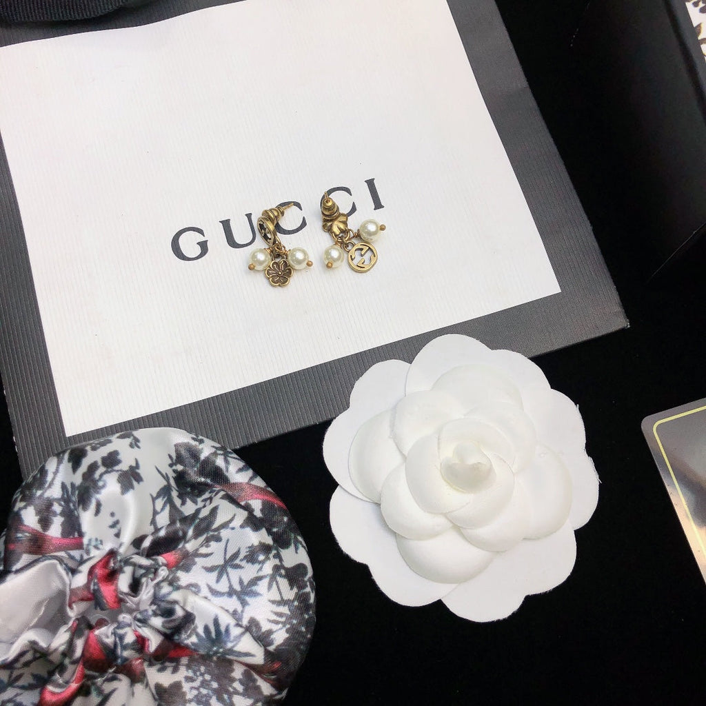 Gucci Double G Flower & Pearl Pendant Earrings - 18K Yellow Gold