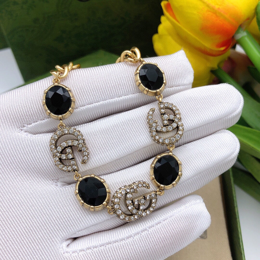 Gucci Double G Black Stones Chain Bracelet