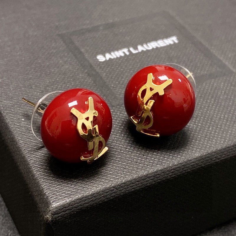 YSL White & Red Earrings - 18K Yellow Gold
