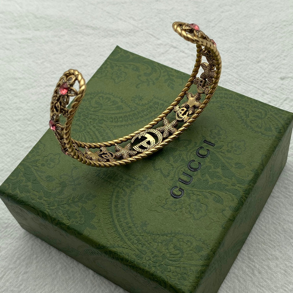 Gucci Double G Red Crystal Flower Cuff Bracelet