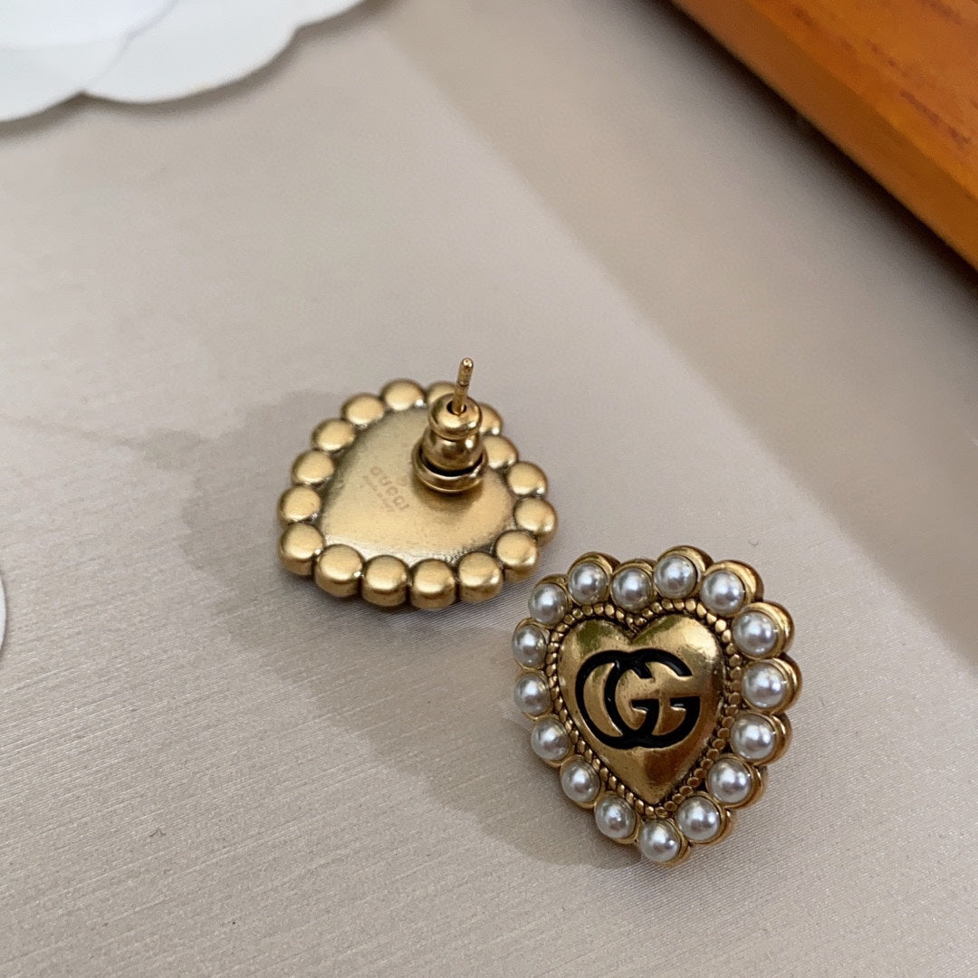 Gucci Double G Heart Pearl Earrings - 18K Yellow Gold