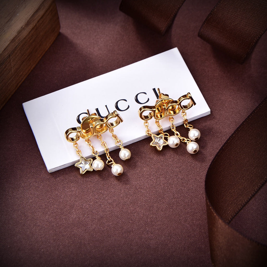 Gucci Double G Script Pearl Earrings - 18K Yellow Gold