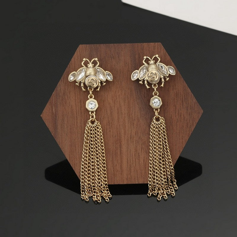 Gucci Double G Bee Tassel Crystal Earrings - 18K Yellow Gold