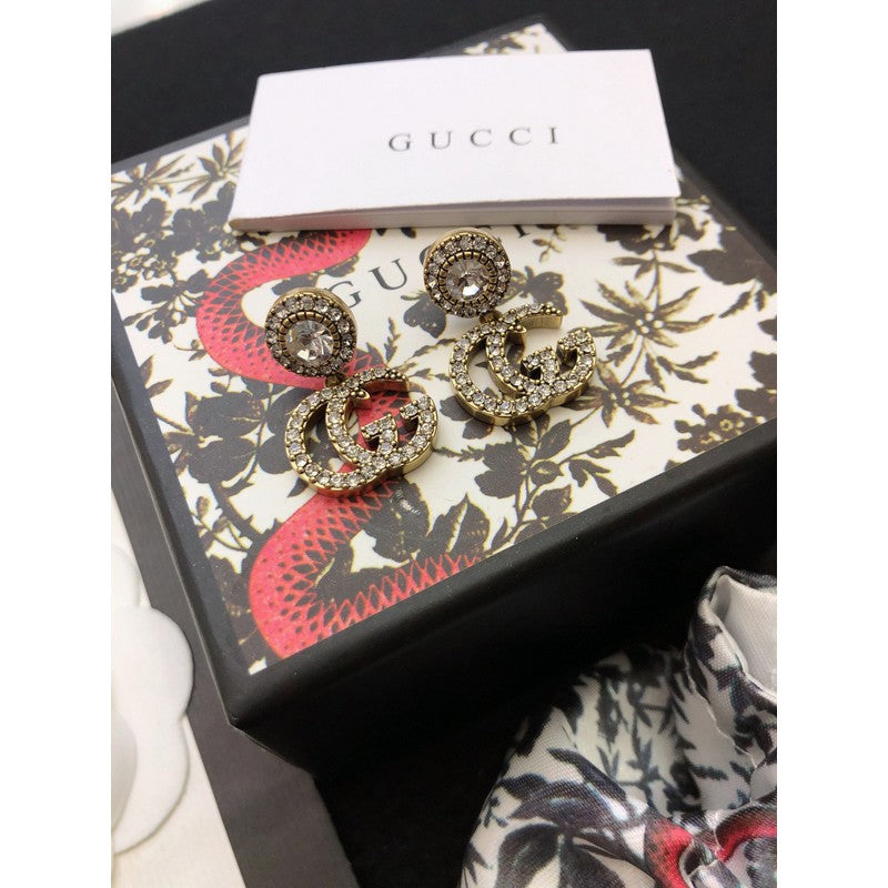 Gucci Double G Crystal Pendant Earrings - 18K Yellow Gold