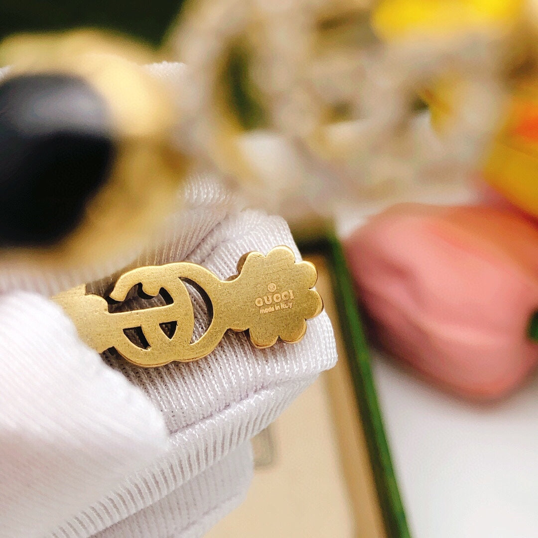 Gucci Double G Flowers Black Crystals Open Cuff Bracelet