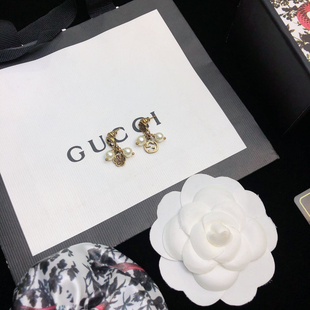 Gucci Double G Flower & Pearl Pendant Earrings - 18K Yellow Gold