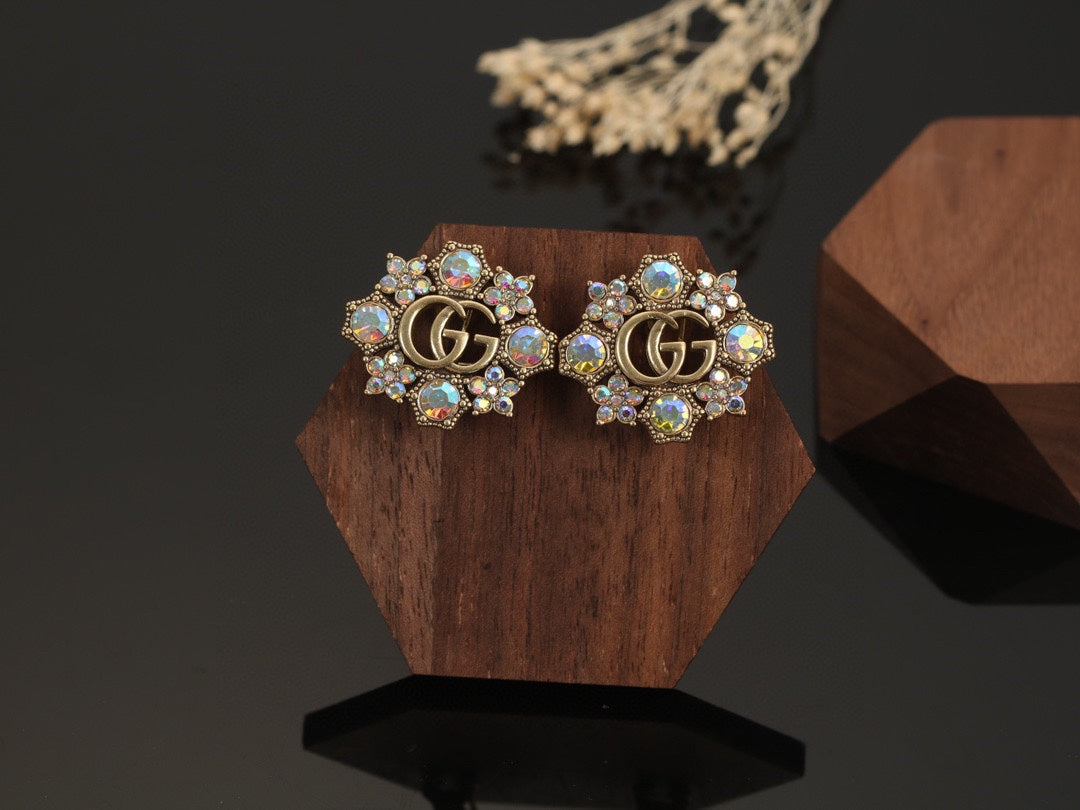 Gucci Double G Blue Flowers Earrings - 2.25 cm Height - 18K Yellow Gold