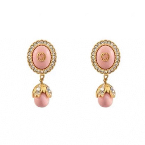 Gucci Double G Pink Pearl Earrings - 18K Yellow Gold