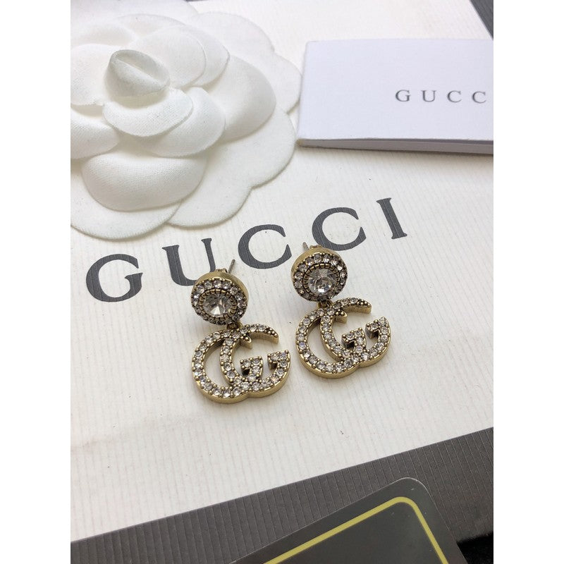 Gucci Double G Crystal Pendant Earrings - 18K Yellow Gold