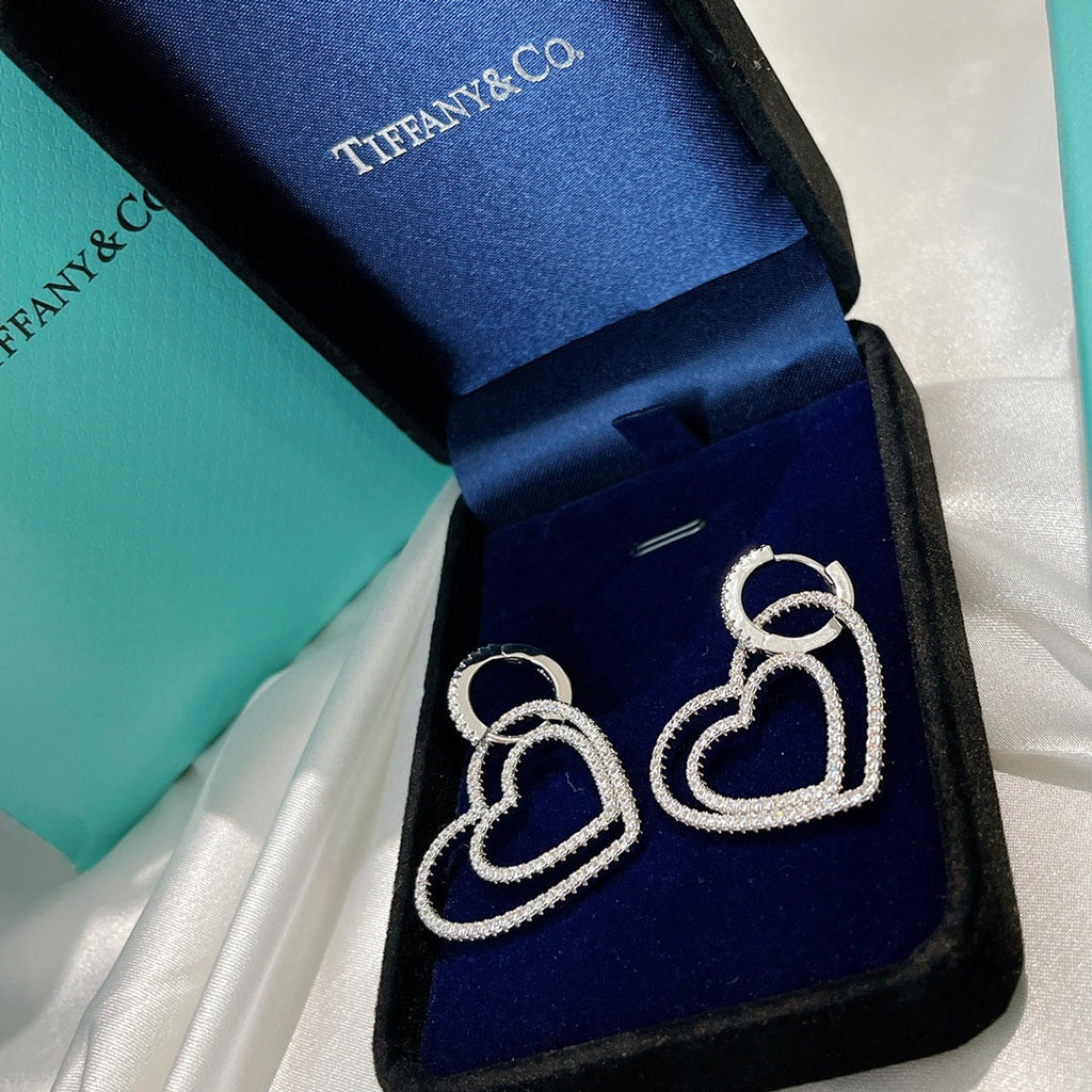 Tiffany Double Heart Diamond Earrings - 18K White Gold