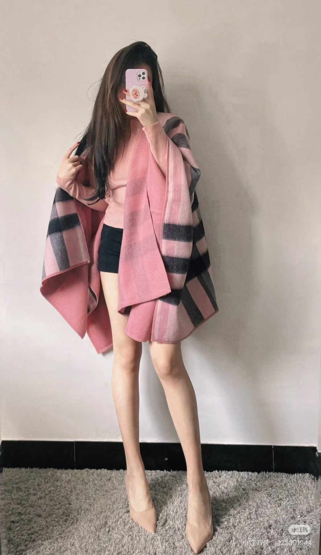 Pink & Charcoal Plaid Wrap Scarf — model
